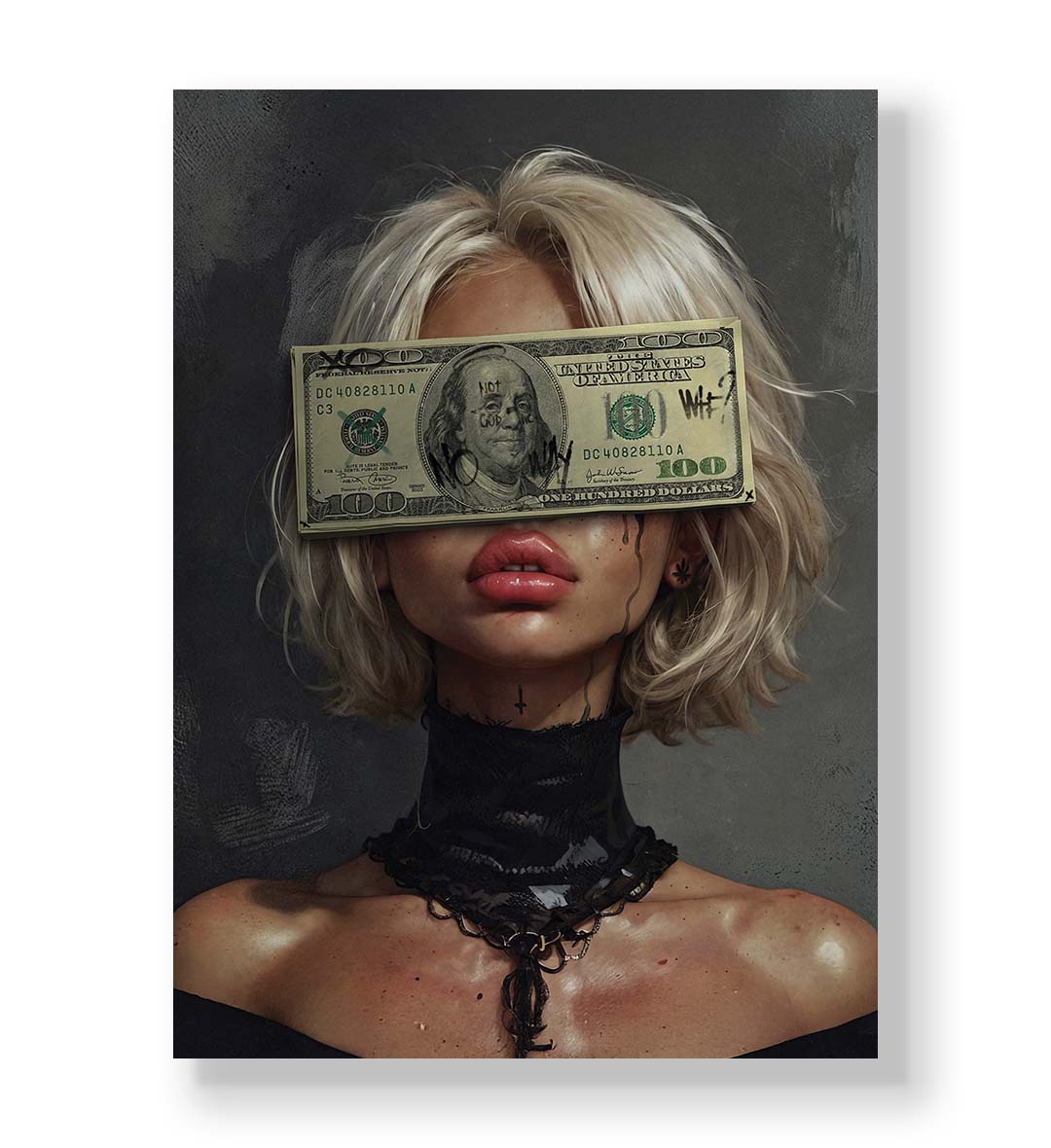 Rebellious canvas wall art with money over eyes and graffiti, great for modern Indian home decor.