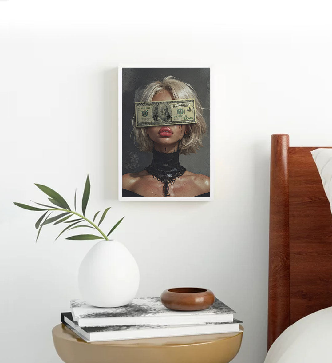 Rebellious canvas wall art with money over eyes and graffiti, great for modern Indian home decor.