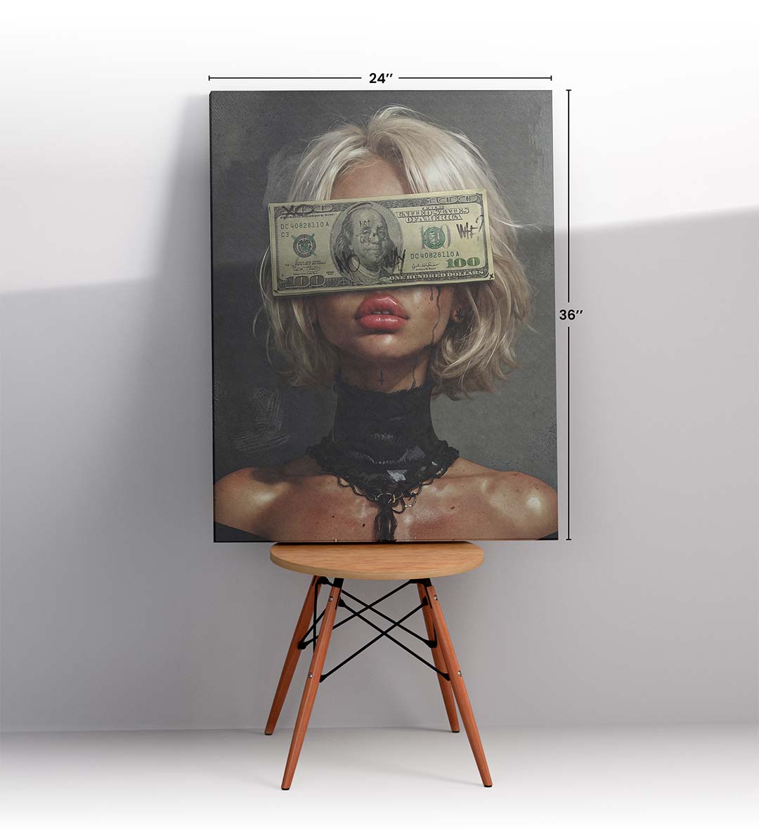 Rebellious canvas wall art with money over eyes and graffiti, great for modern Indian home decor.