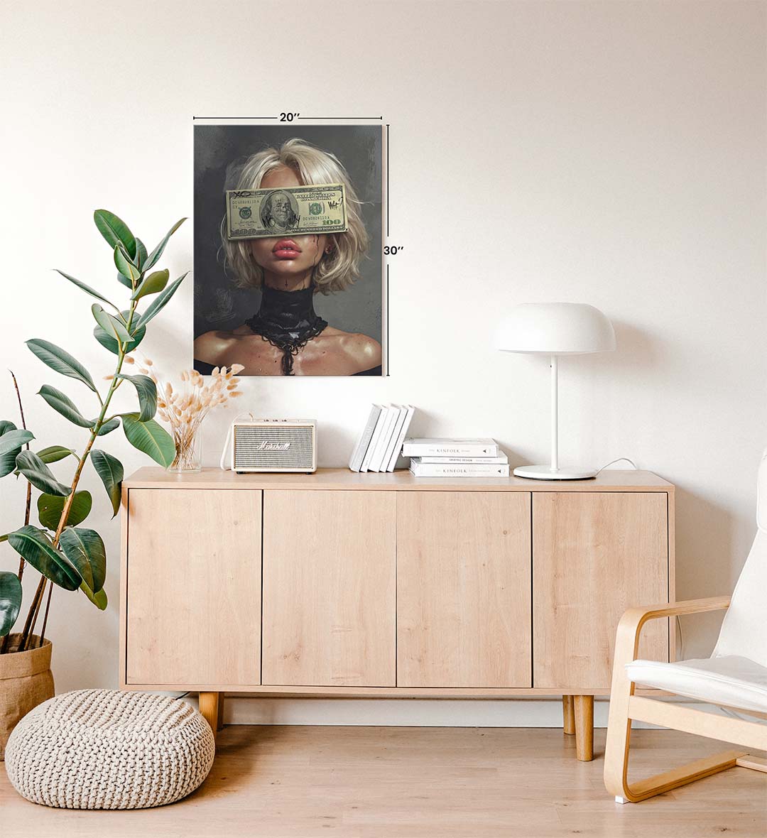 Rebellious canvas wall art with money over eyes and graffiti, great for modern Indian home decor.