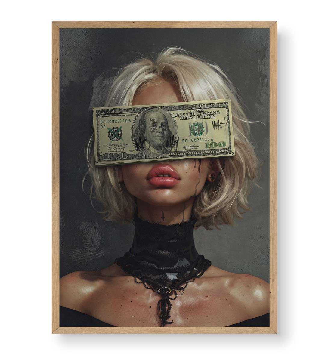 Rebellious canvas wall art with money over eyes and graffiti, great for modern Indian home decor.