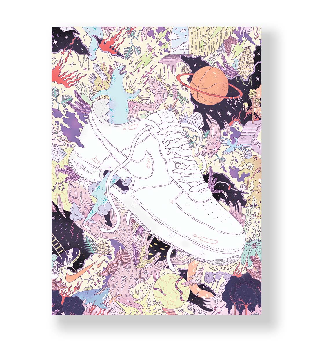 Air Force Cosmic Clash surreal bar wall art canvas print with Nike Air Force sneaker for Indian home decor.