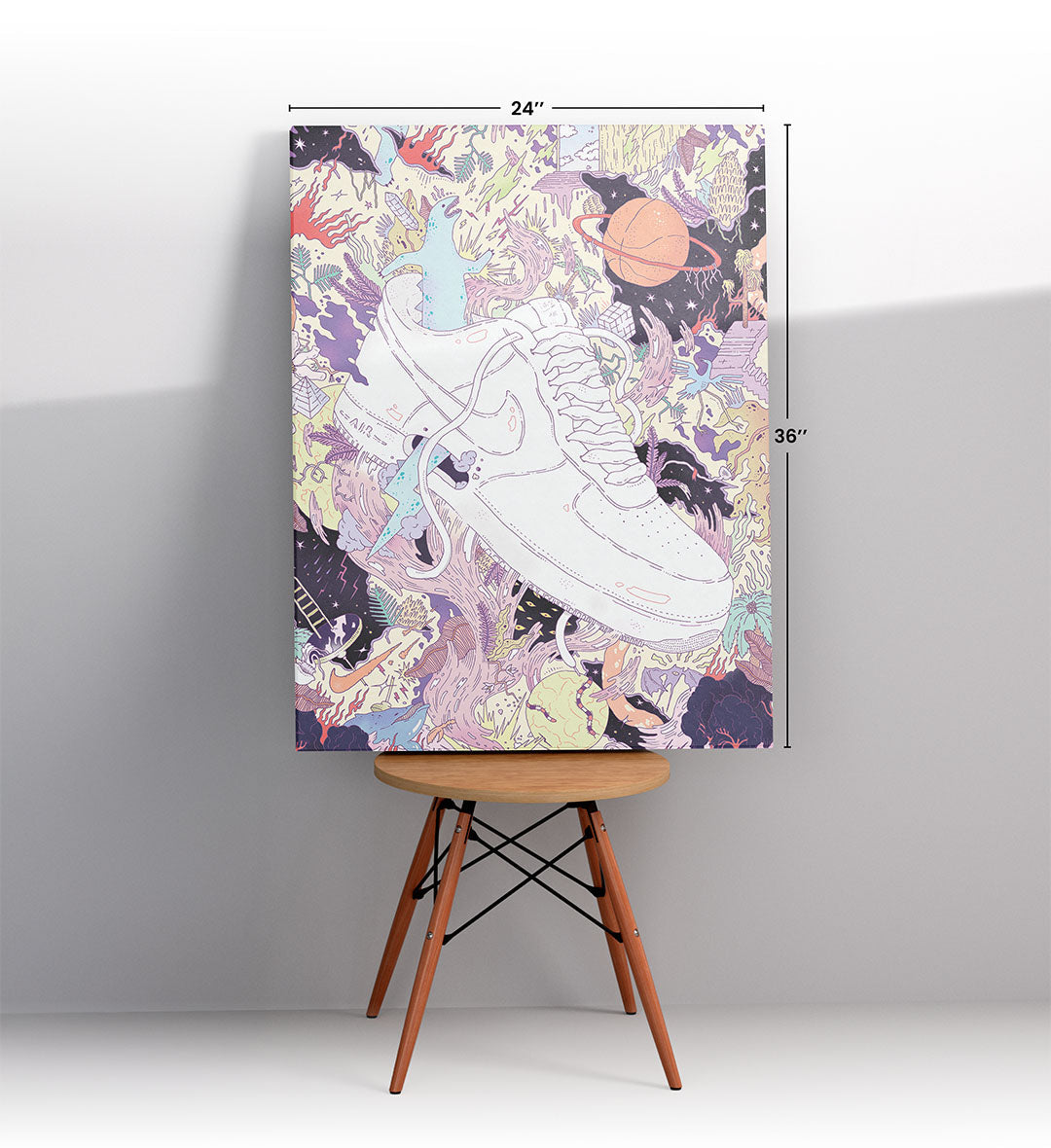 Air Force Cosmic Clash surreal bar wall art canvas print with Nike Air Force sneaker for Indian home decor.