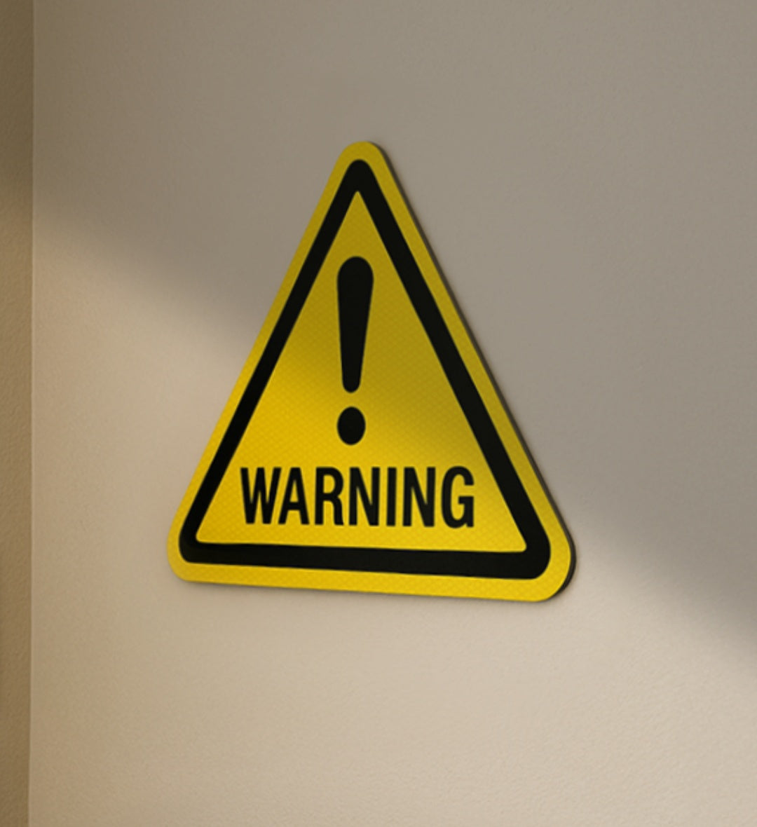 Yellow warning road sign with black border and exclamation mark on a beige wall for modern home decor.
