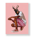 Wall art of a dog with deer antlers wearing a white shirt, pink shorts, and sneakers on a pink background.