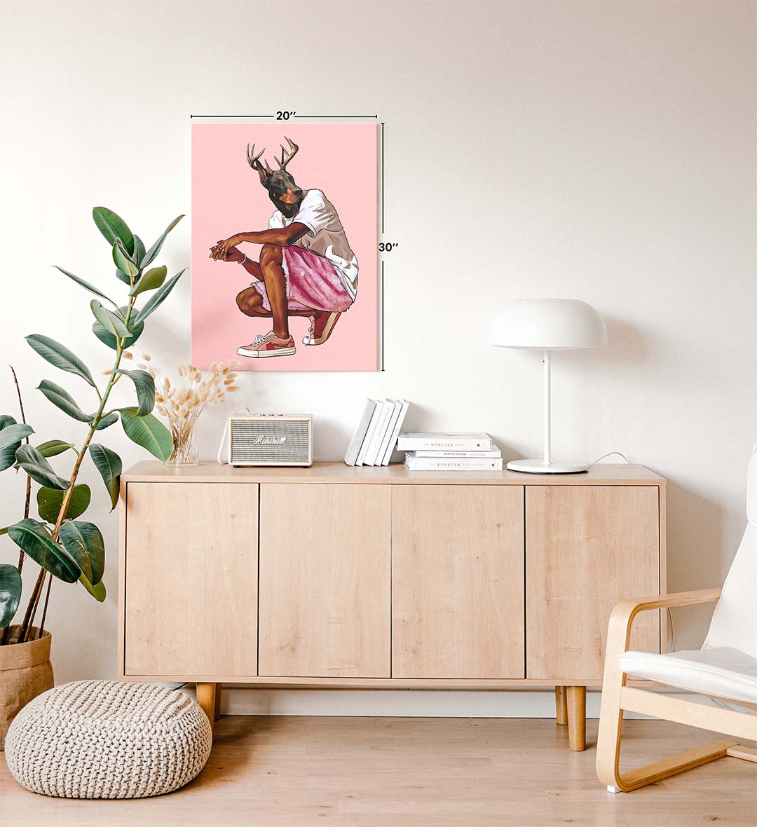 Framed artwork of a dog for modern living room.