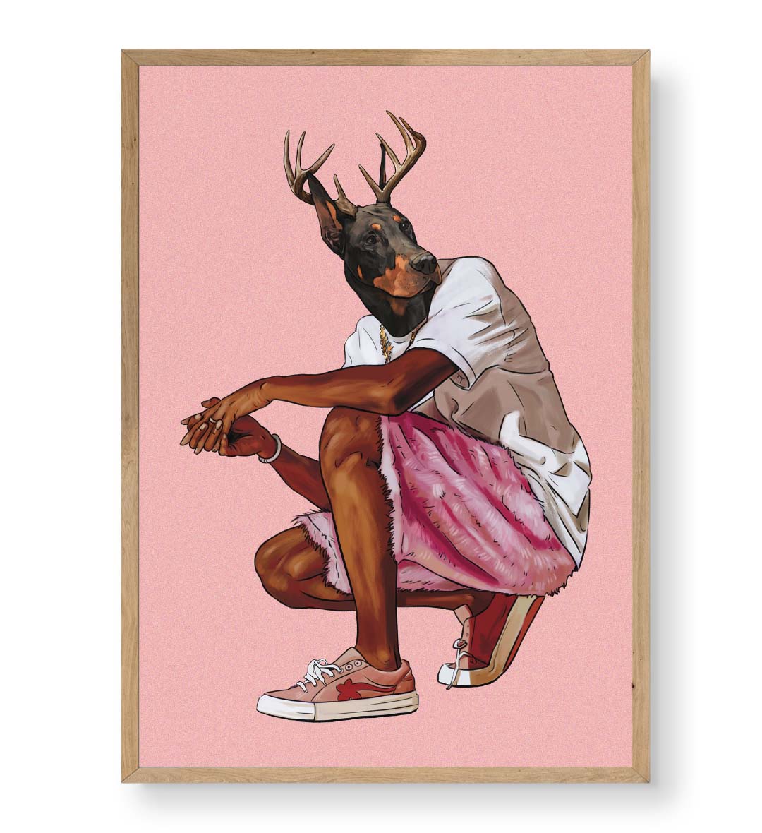 Framed artwork of a dog with deer antlers wearing a white shirt and pink shorts on a pink background.