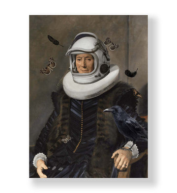 Astronaut in Renaissance Surreal Wall Art with Raven and Butterflies in Muted Tones for Indian Home Decor