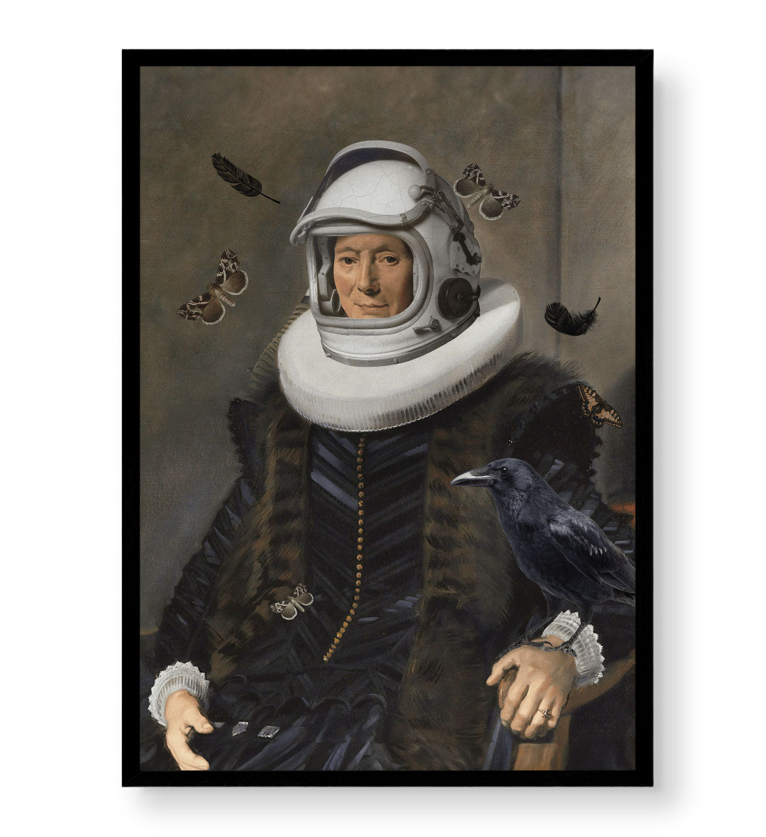 Astronaut in Renaissance Surreal Wall Art with Raven and Butterflies in Muted Tones for Indian Home Decor