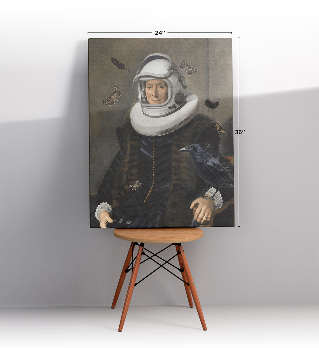 Astronaut in Renaissance Surreal Wall Art with Raven and Butterflies in Muted Tones for Indian Home Decor