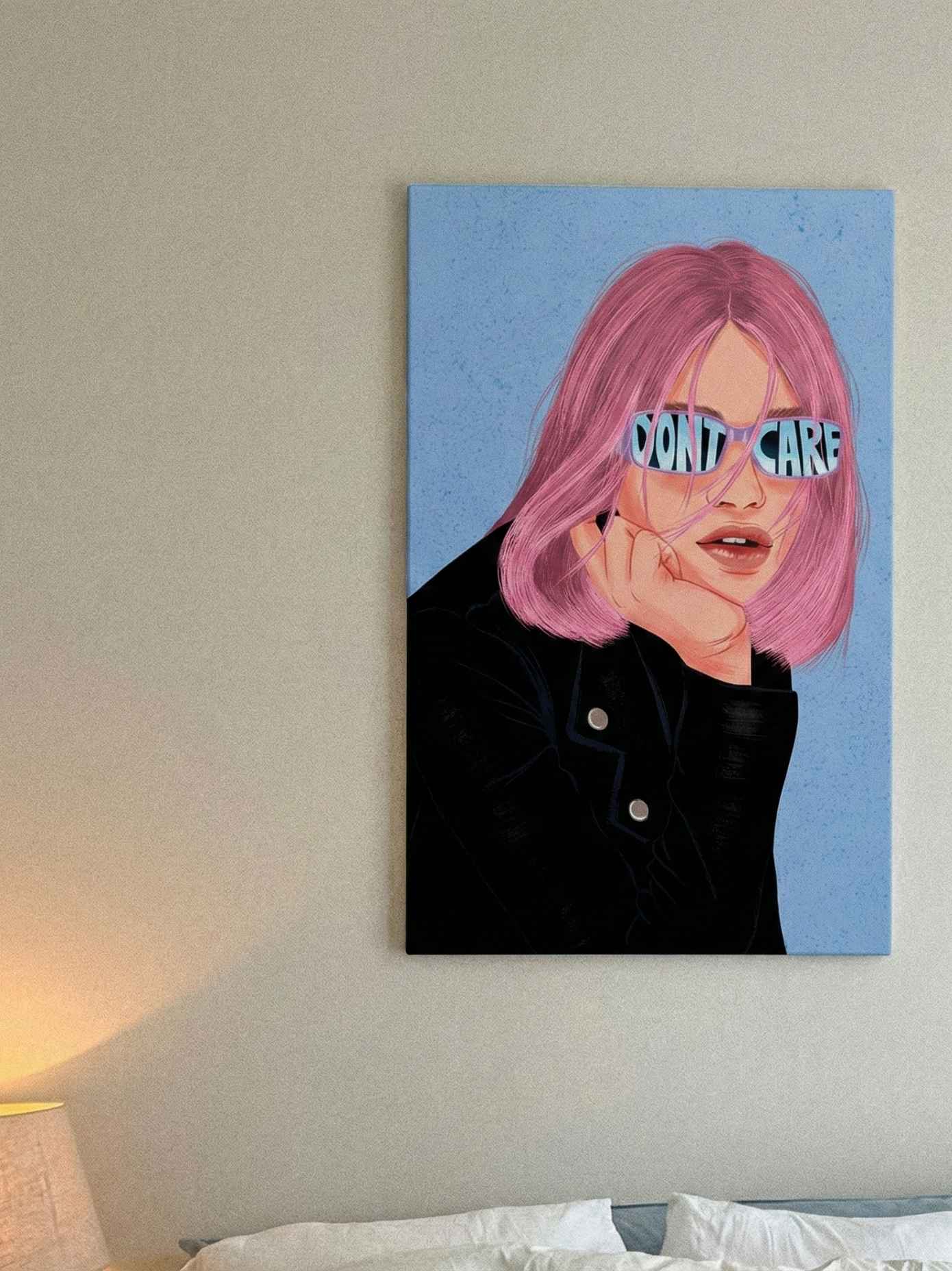 wall Canvas of a girl with pink hair and sunglasses.
