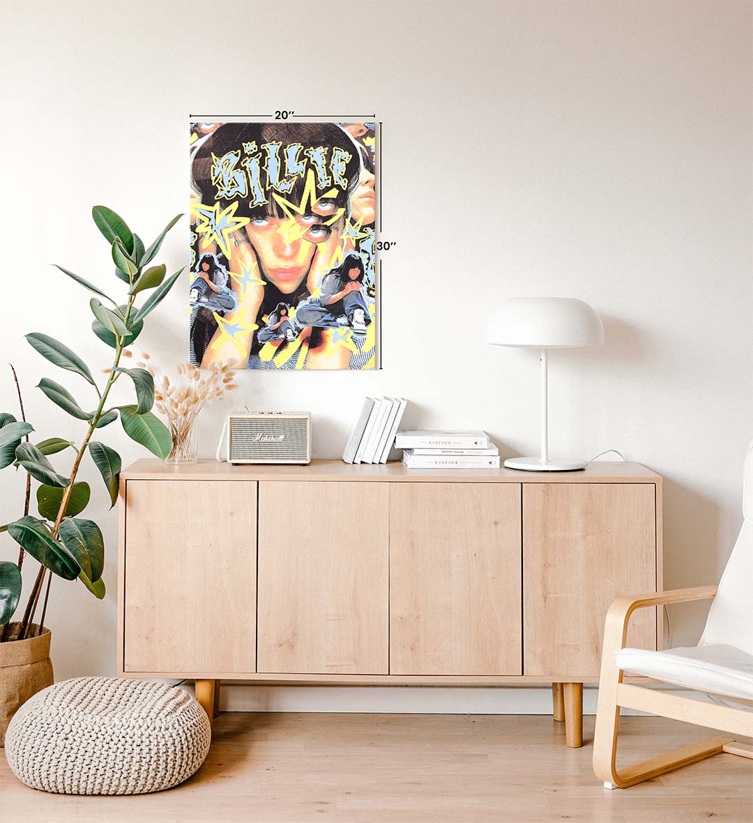 Billie Eilish Cosmic Vibe pop icon wall art with yellow stars and blue accents for Indian home decor.