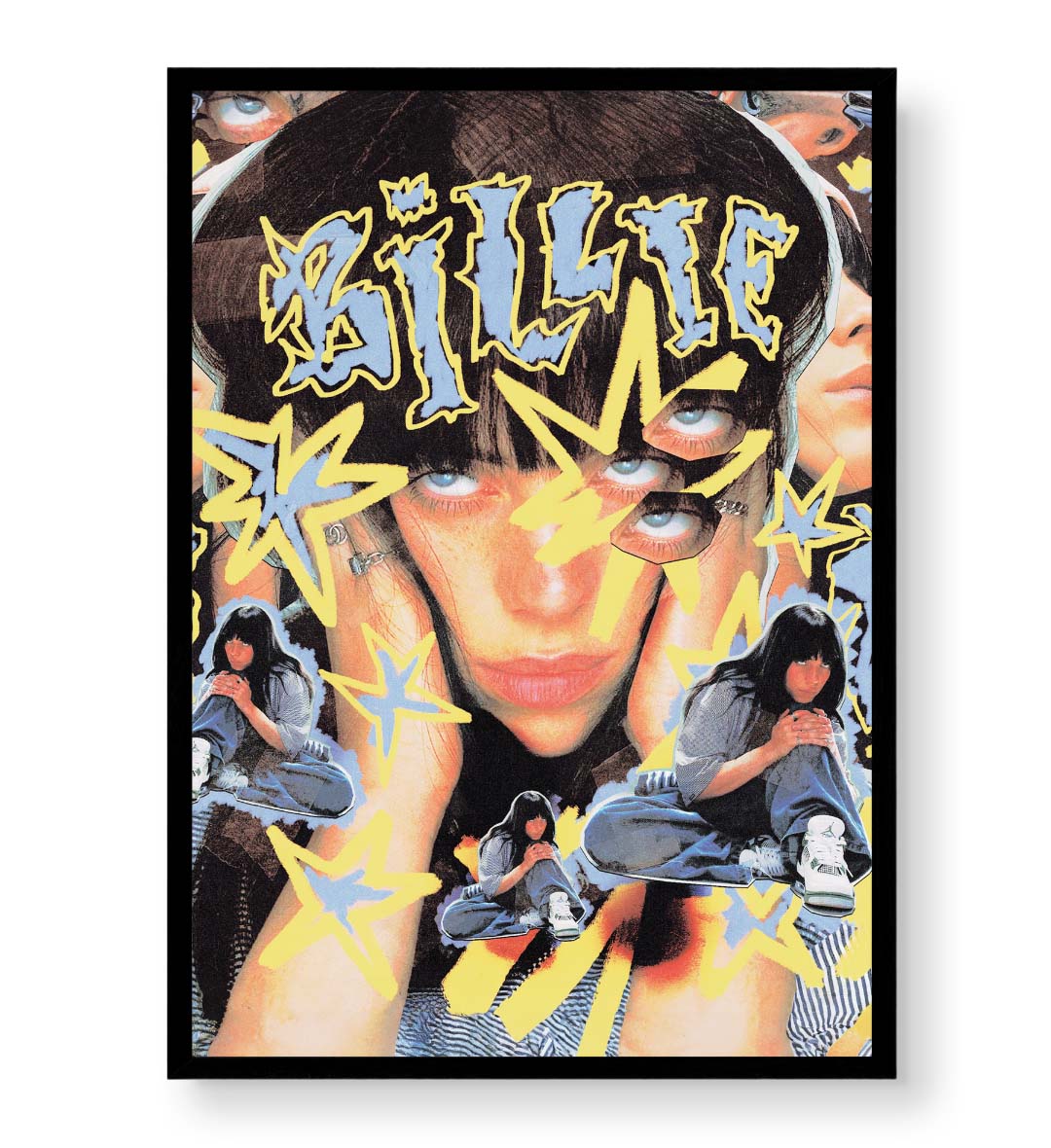 Billie Eilish Cosmic Vibe pop icon wall art with yellow stars and blue accents for Indian home decor.