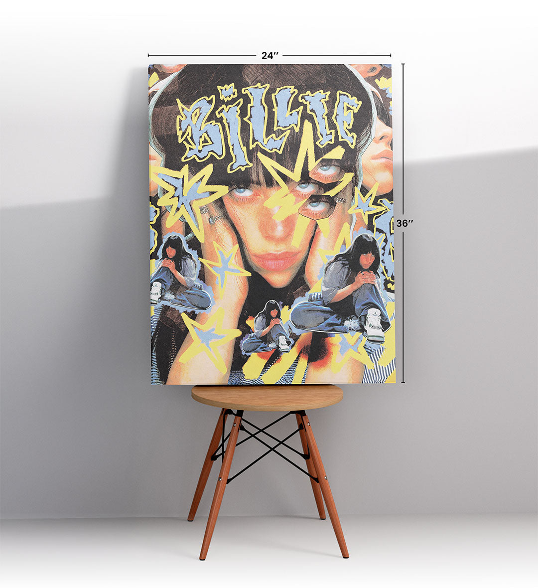 Billie Eilish Cosmic Vibe pop icon wall art with yellow stars and blue accents for Indian home decor.
