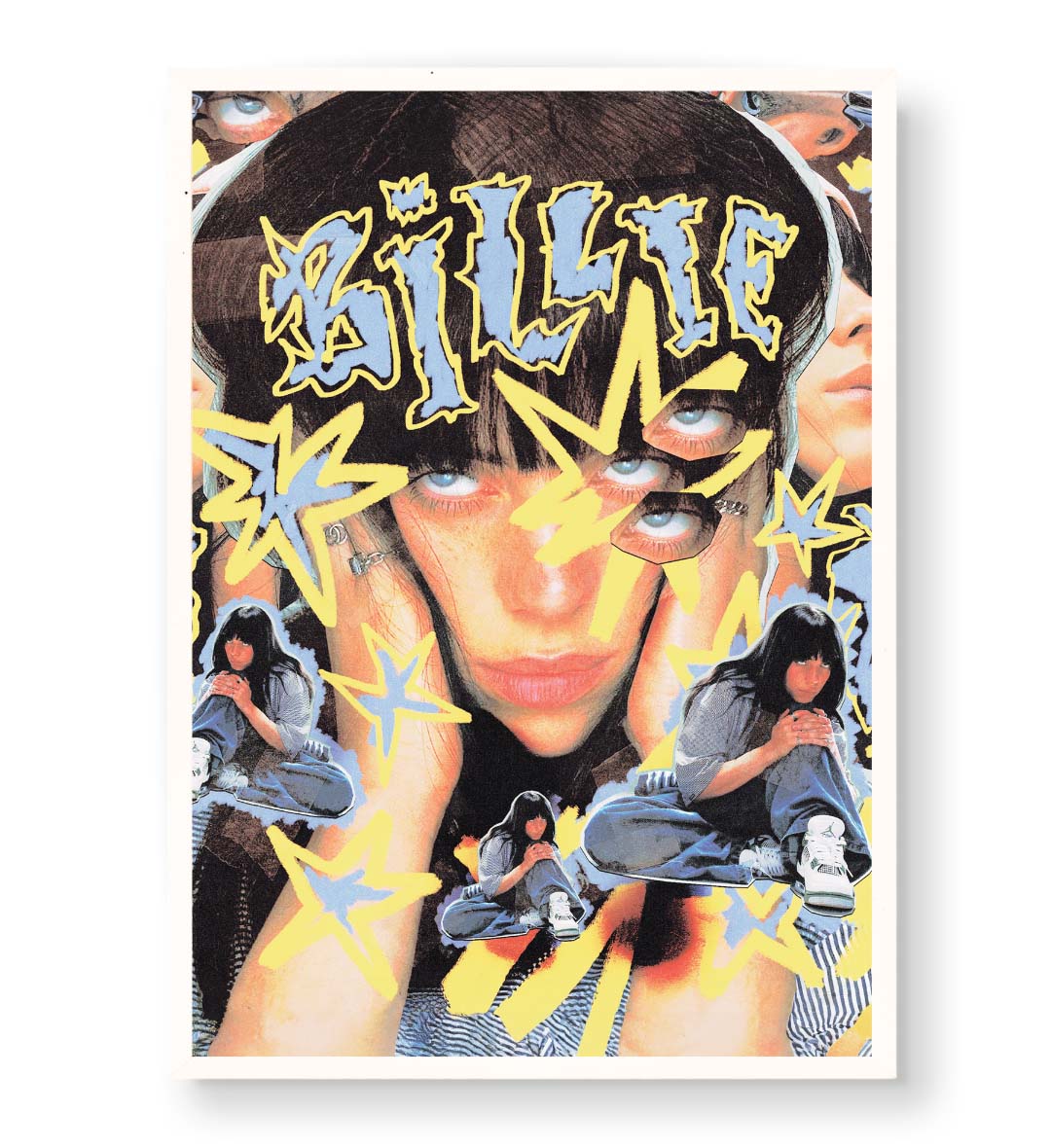 Billie Eilish Cosmic Vibe pop icon wall art with yellow stars and blue accents for Indian home decor.