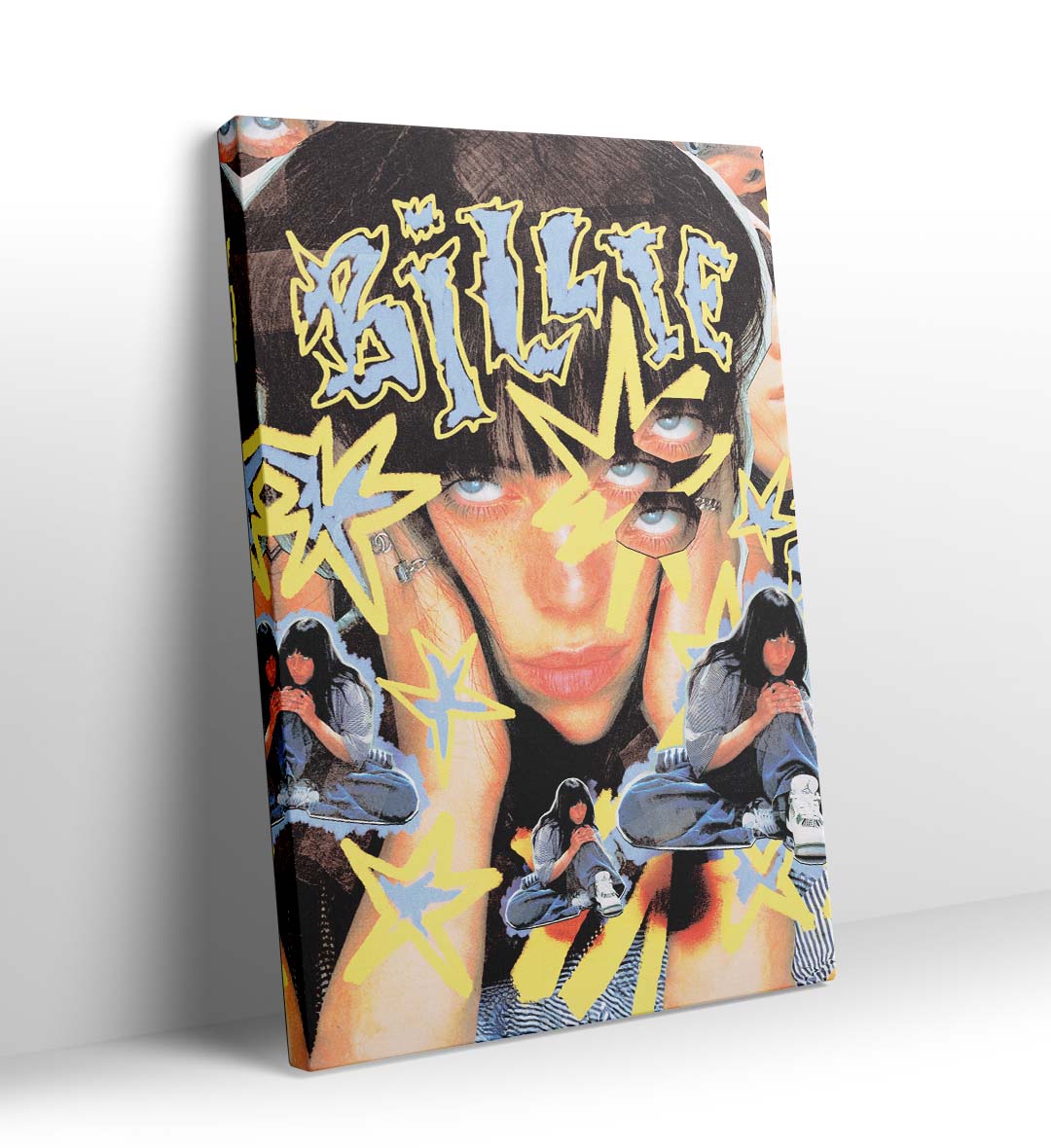 Billie Eilish Cosmic Vibe pop icon wall art with yellow stars and blue accents for Indian home decor.