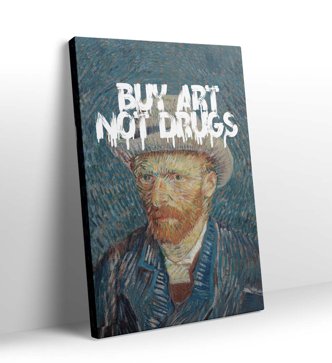 Vincent Van Gogh parody canvas wall art with Buy Art Not Drugs graffiti, perfect for modern Indian home decor.