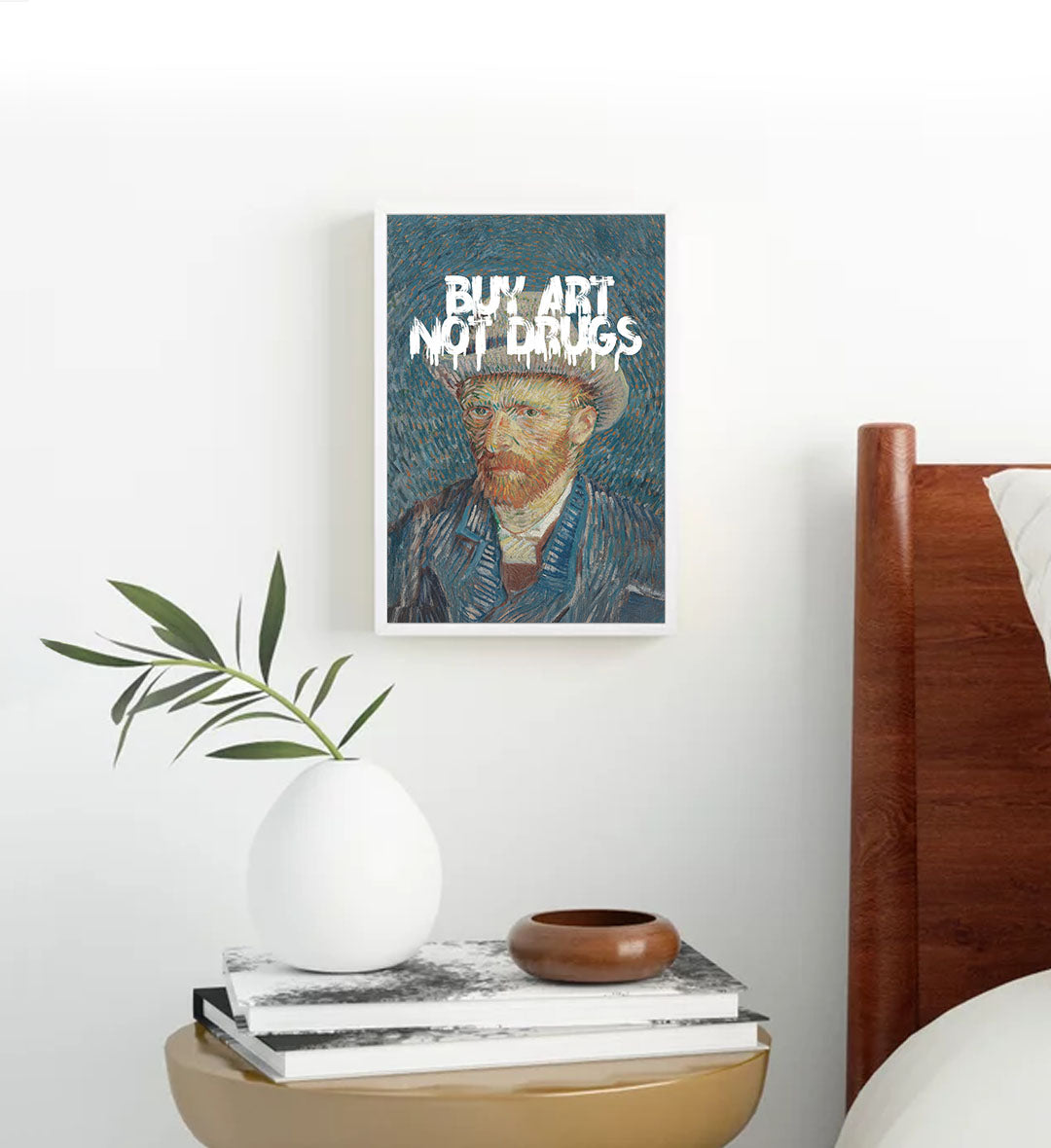 Vincent Van Gogh parody canvas wall art with Buy Art Not Drugs graffiti, perfect for modern Indian home decor.