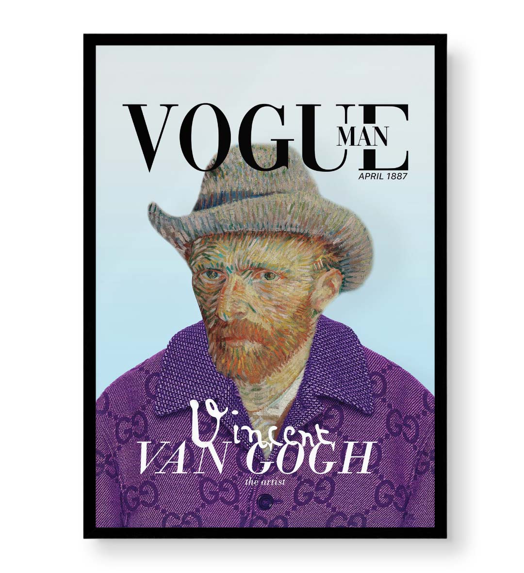 Vincent Van Gogh parody canvas wall art as Vogue Man cover with Gucci jacket, ideal for modern Indian home decor.
