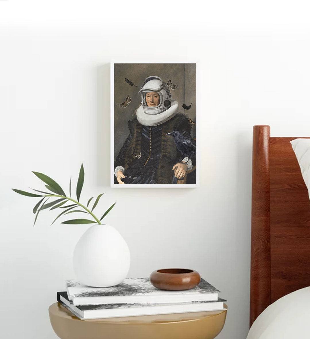 Astronaut in Renaissance Surreal Wall Art with Raven and Butterflies in Muted Tones for Indian Home Decor