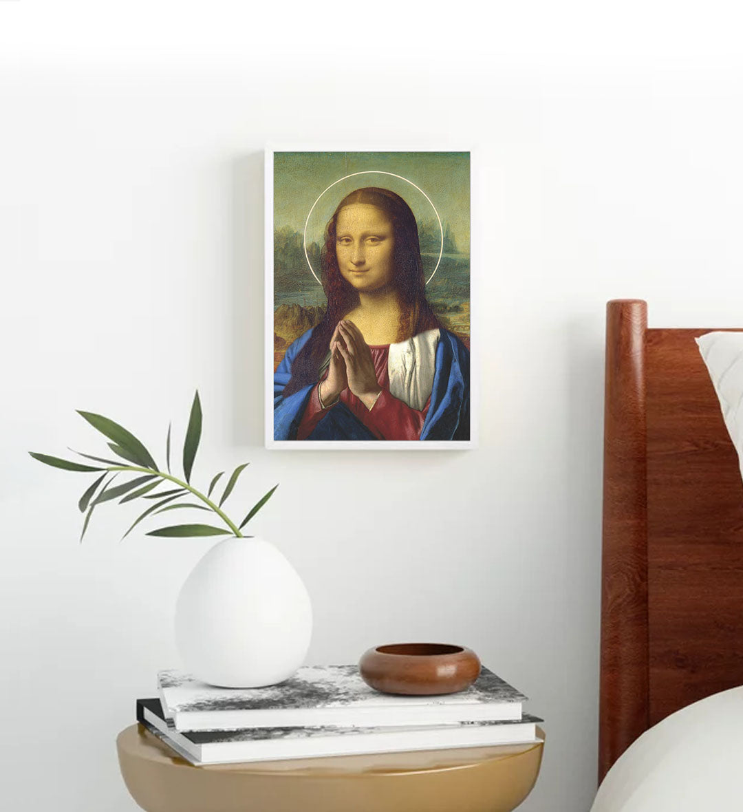 Divine Mona Lisa with halo and prayer pose wall art for Indian home decor.