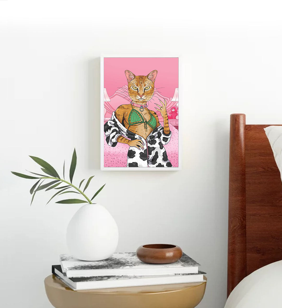 Doja Cat’s Glam Lounge whimsical pet wall art with a ginger cat in a pink bedroom for Indian home decor.