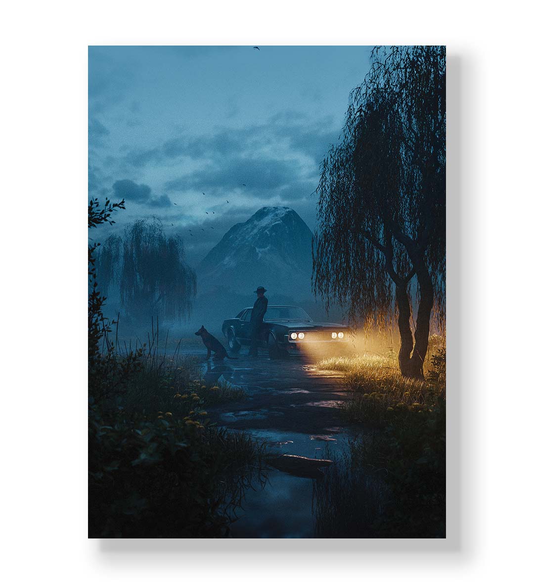 Mysterious journey canvas wall art with car and dog in misty mountains, perfect for modern Indian home decor.