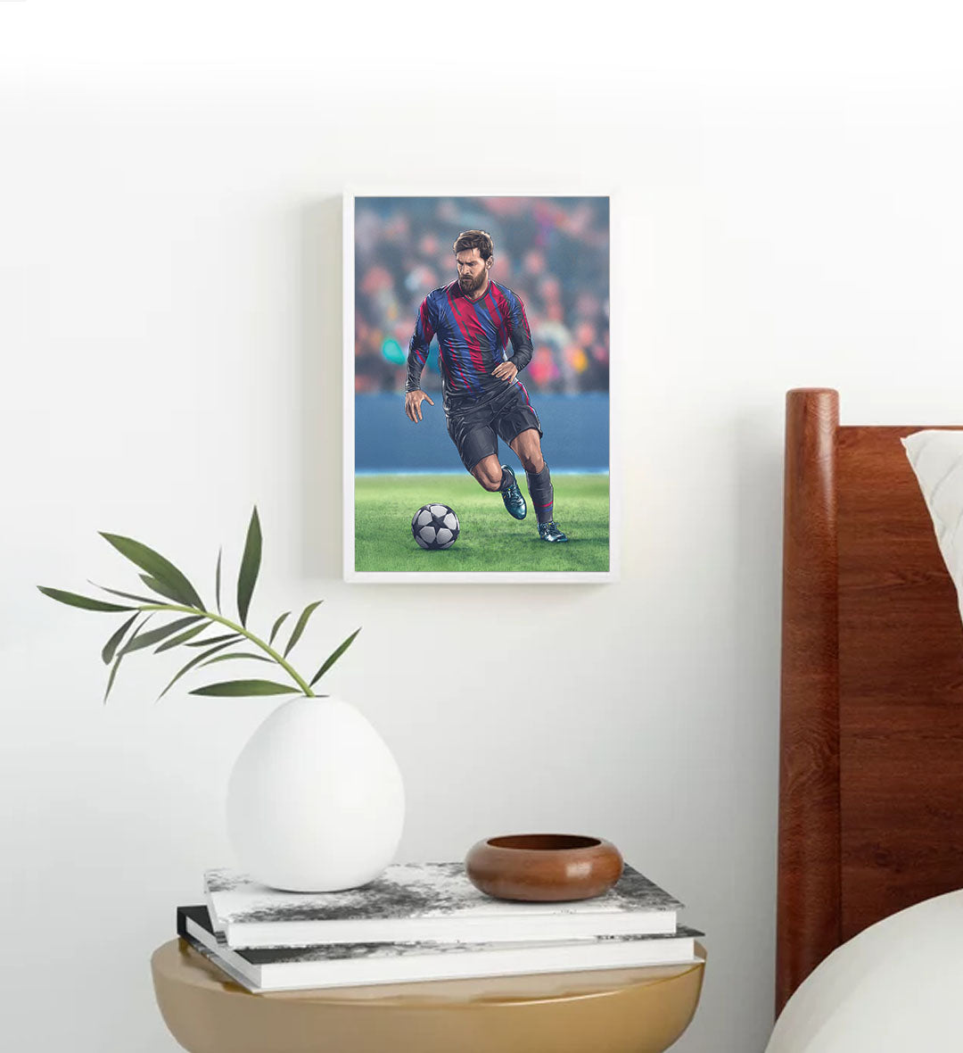 Lionel Messi canvas wall art in Barcelona jersey, perfect for modern Indian sports home decor.