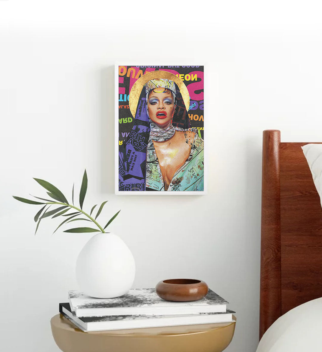 Rihanna Neon Halo pop diva wall art with neon colors and golden halo for Indian home decor.