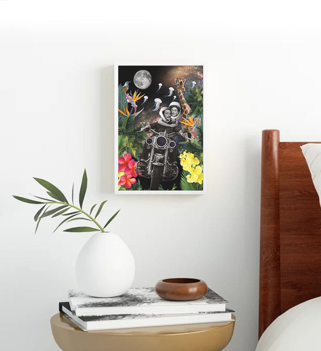 Surreal Safari Ride wall art featuring Dalí and Frida Kahlo on a cosmic motorcycle for Indian home decor.