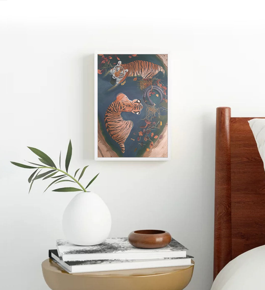 Tiger Serenity Haven wildlife wall art featuring two tigers in a teal pool with autumn leaves for Indian home decor.