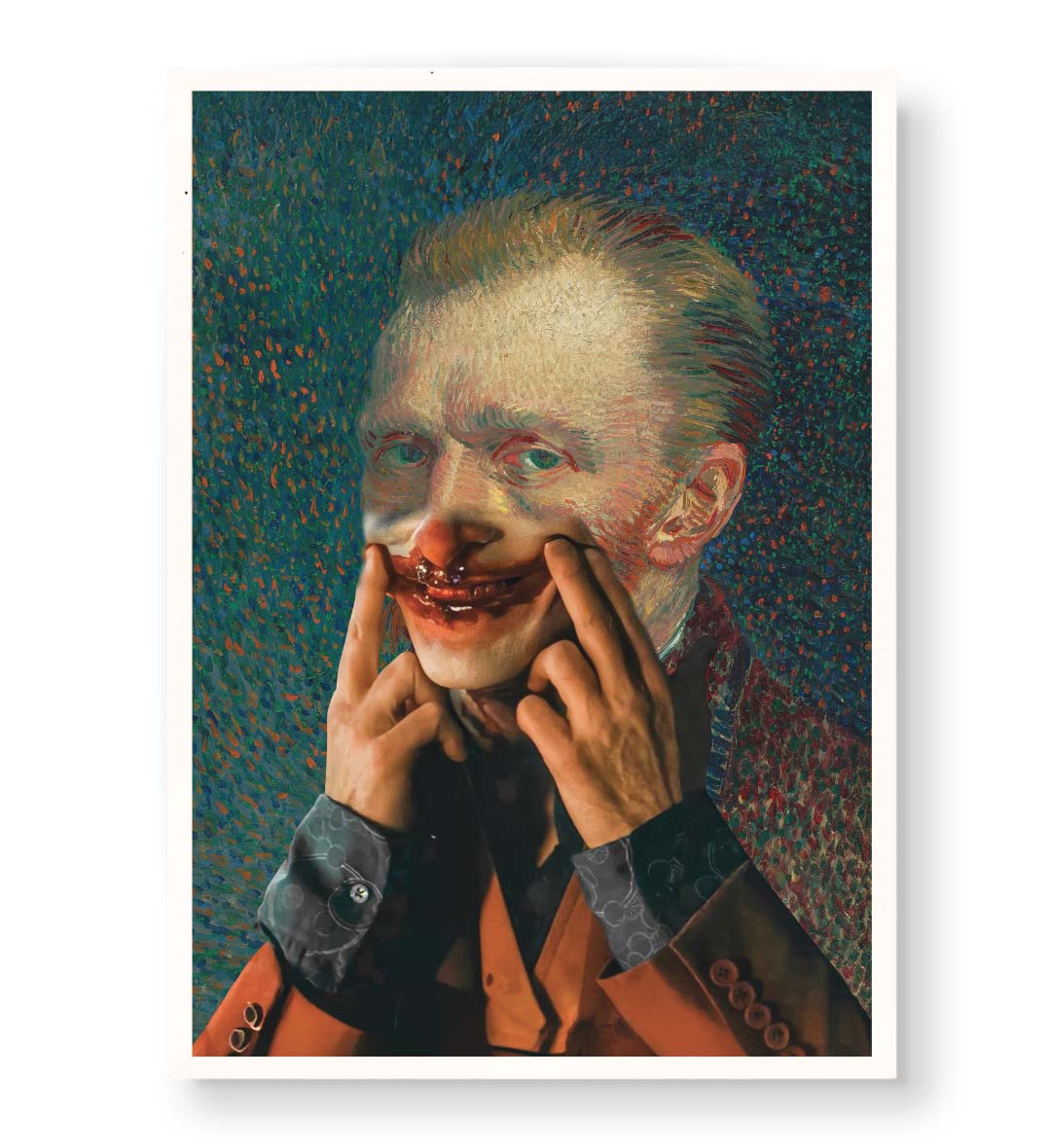 Vincent Van Gogh parody canvas wall art with clown makeup, ideal for modern Indian home decor.