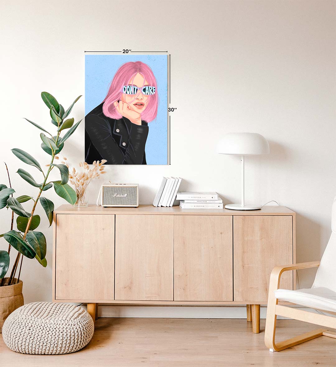 Carefree Rebel pop art wall canvas print with pink hair and sunglasses for Indian home decor.