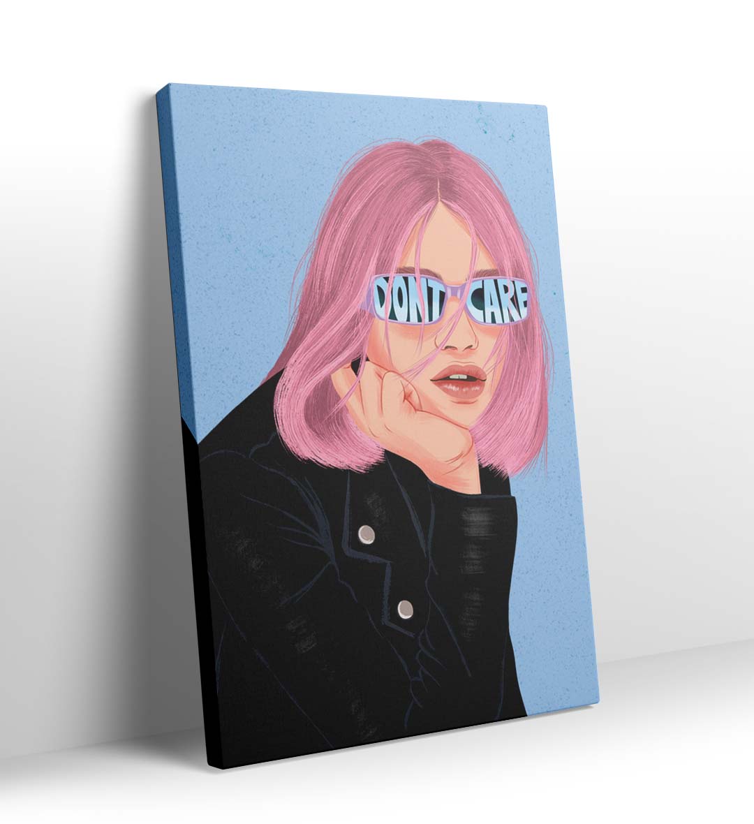 Carefree Rebel pop art wall canvas print with pink hair and sunglasses for Indian home decor.