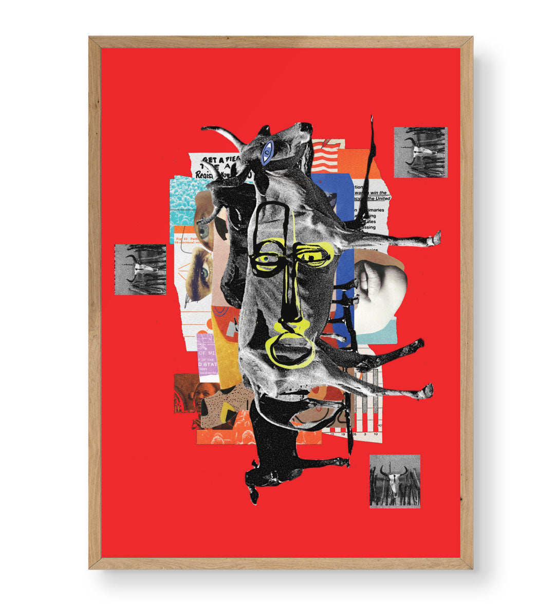 Chaotic Collage Fusion with abstract bull design wall art for Indian home decor.