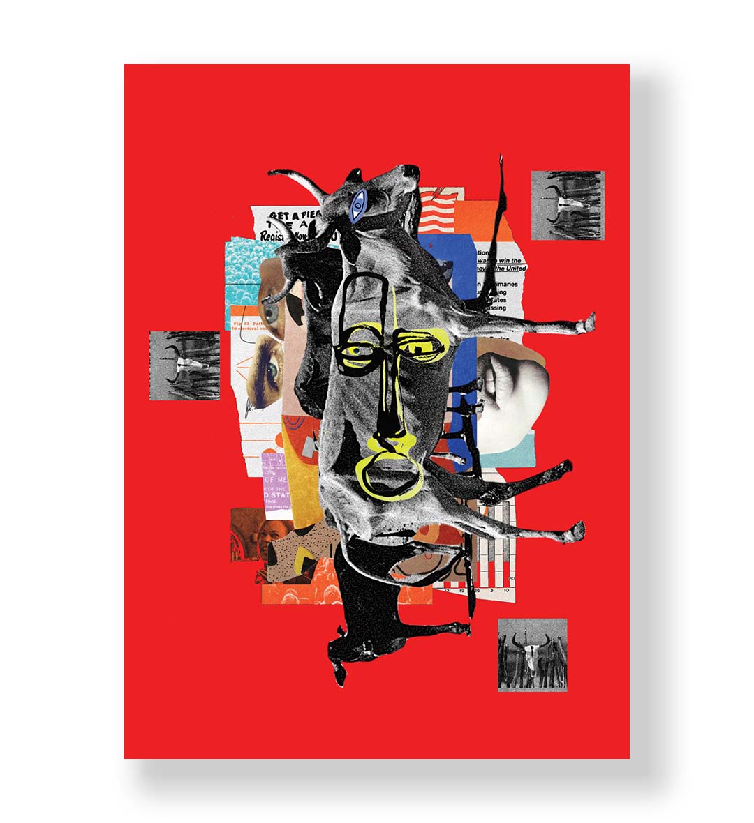 Chaotic Collage Fusion with abstract bull design wall art for Indian home decor.