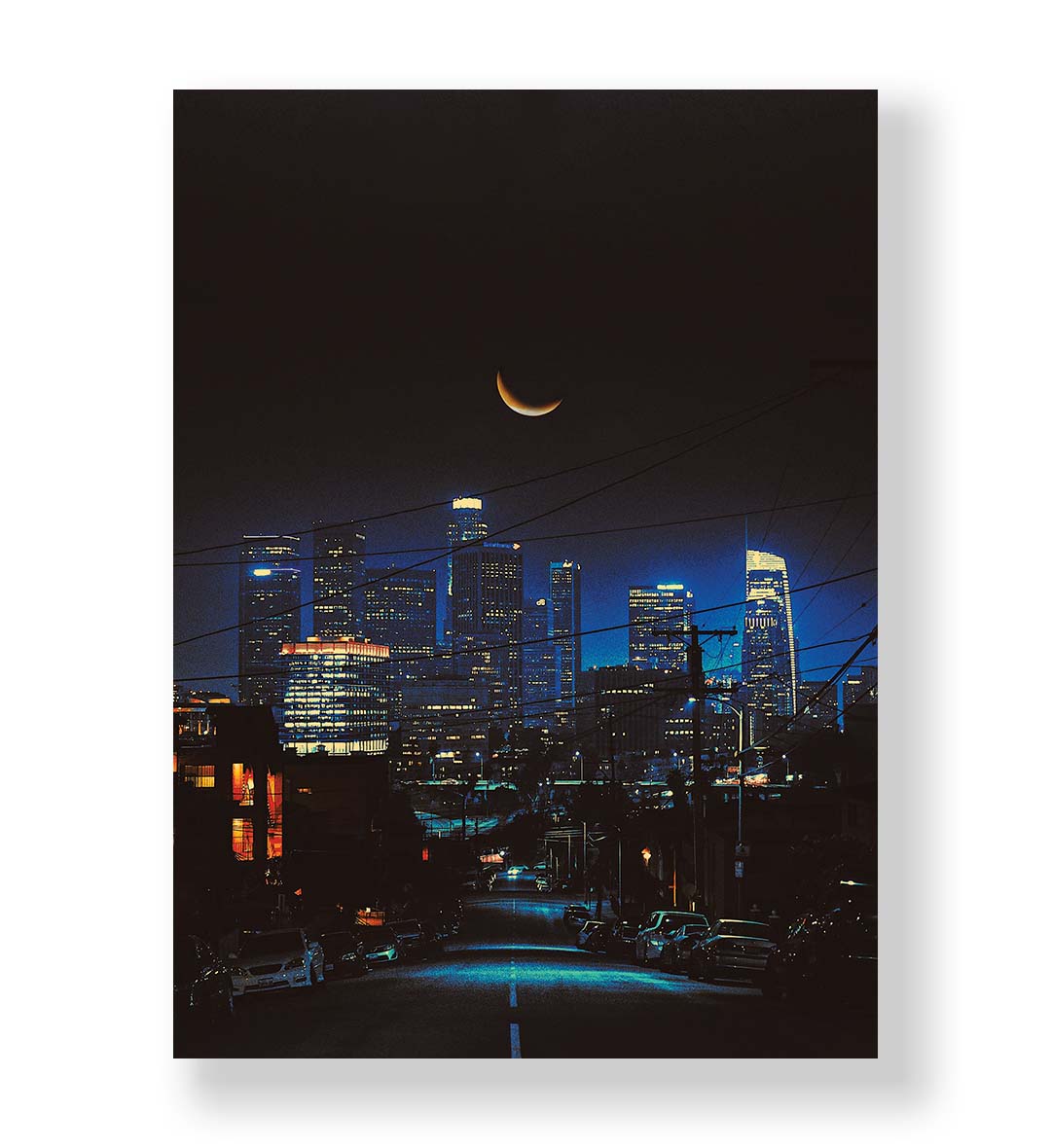 Cityscape Crescent with skyline and crescent moon wall art for Indian home decor.