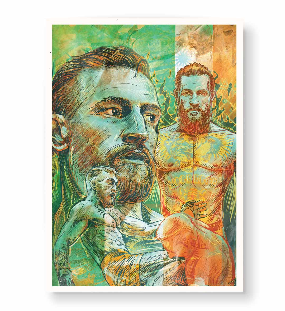 Colorful artwork of Conor McGregor and another figure in the background wall art for Indian home decor. 