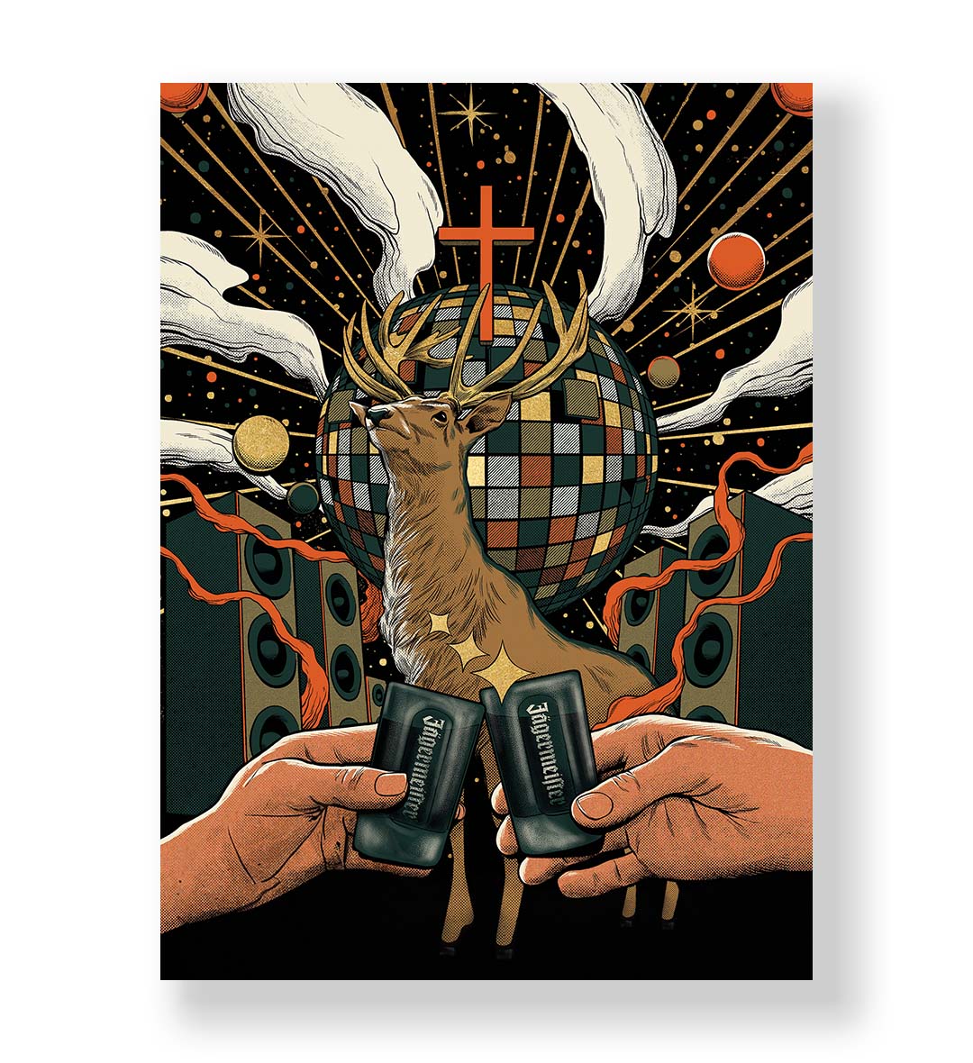 Cosmic Party Stag with surreal disco design wall art for home decor.