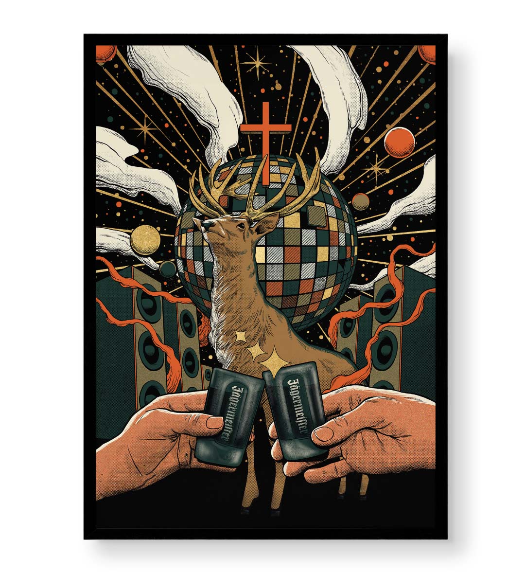 Cosmic Party Stag with surreal disco design wall art for home decor.