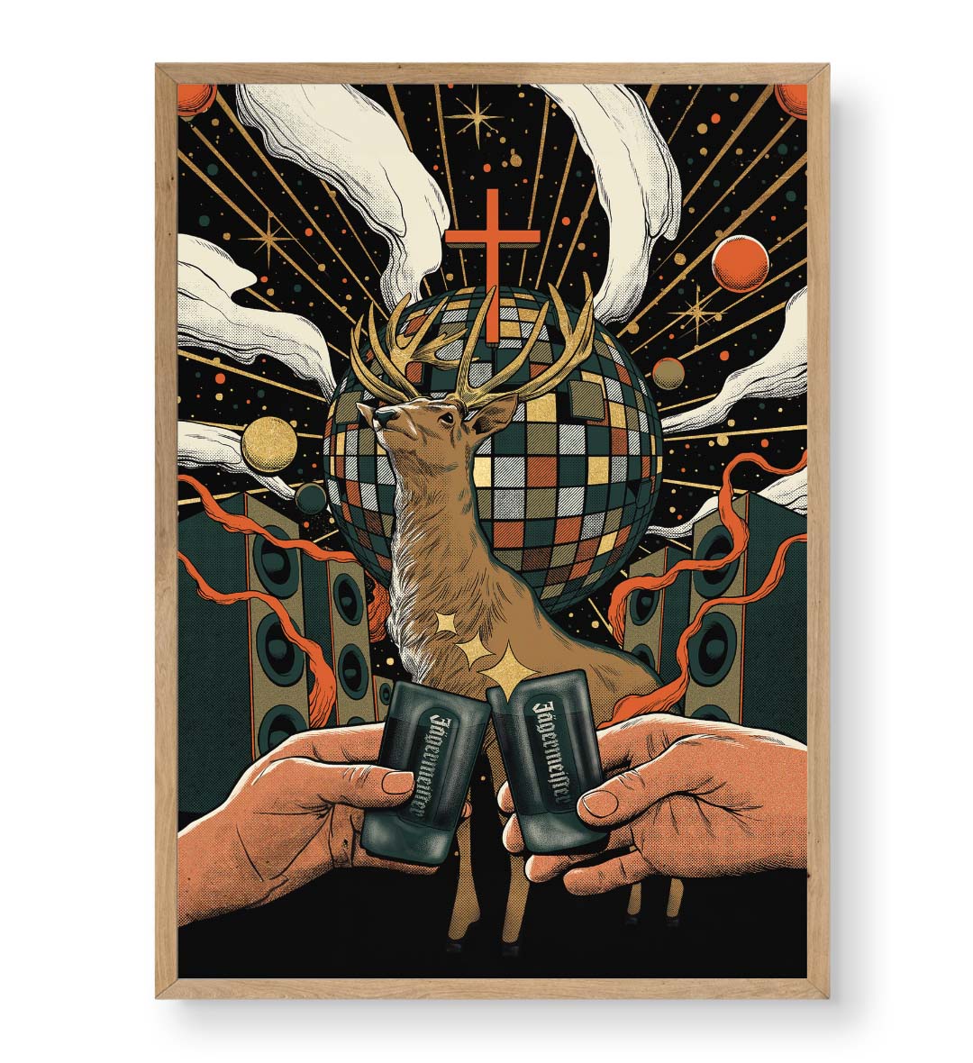 Cosmic Party Stag with surreal disco design wall art for home decor.