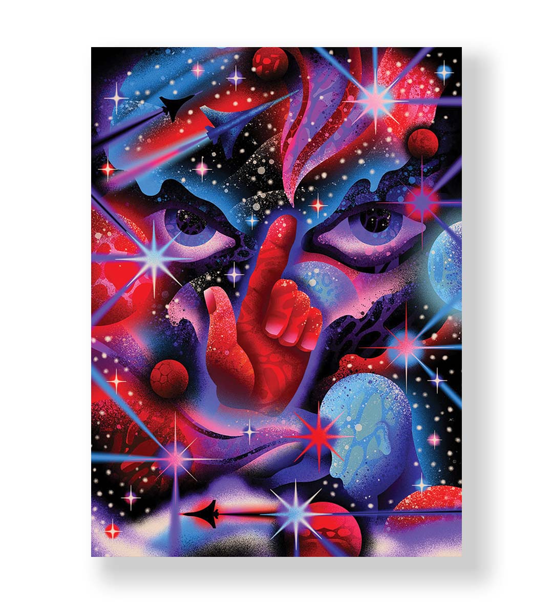 Cosmic Whisper with surreal hand and spaceship wall art for Indian home decor.