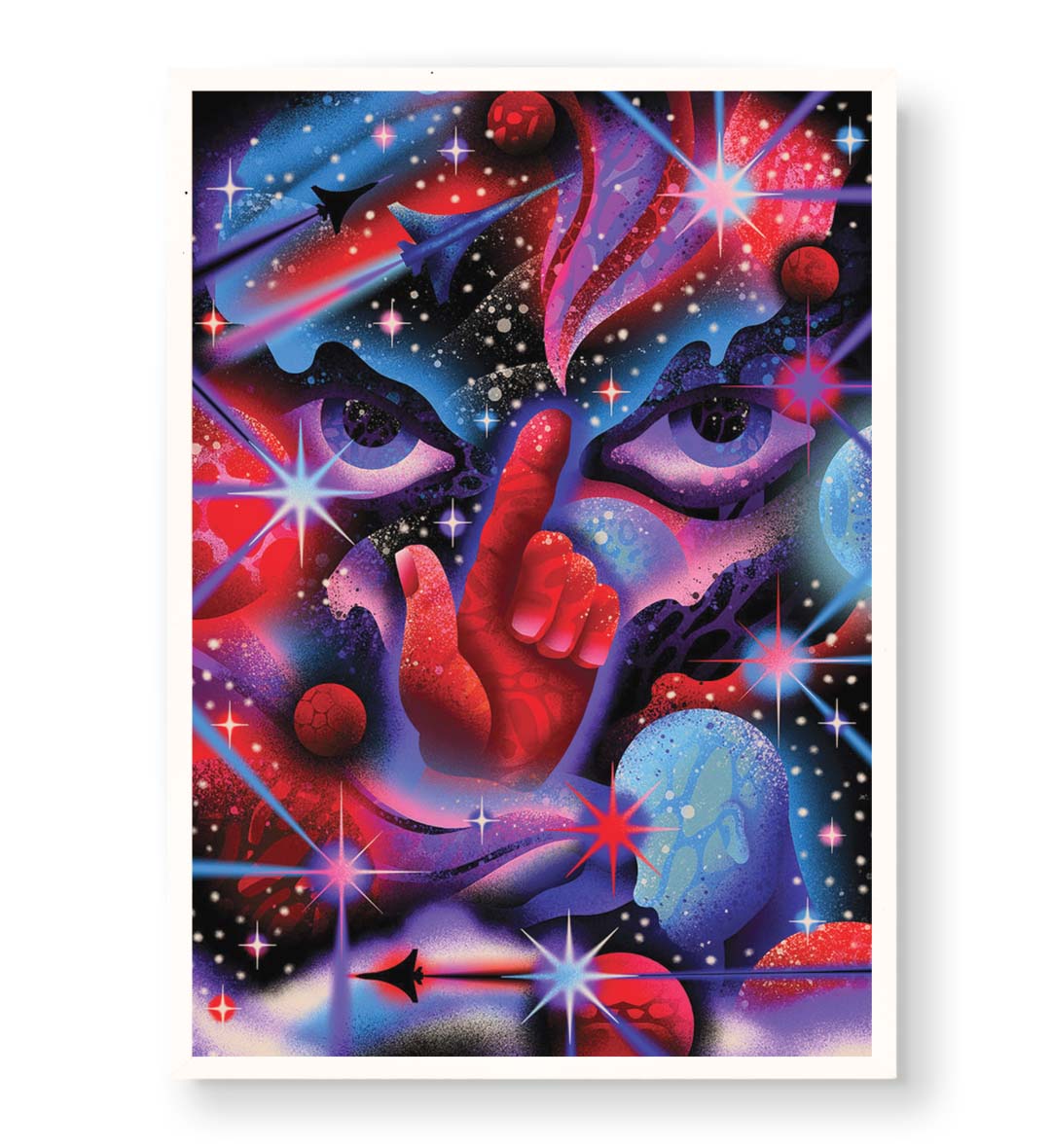 Cosmic Whisper with surreal hand and spaceship wall art for Indian home decor.