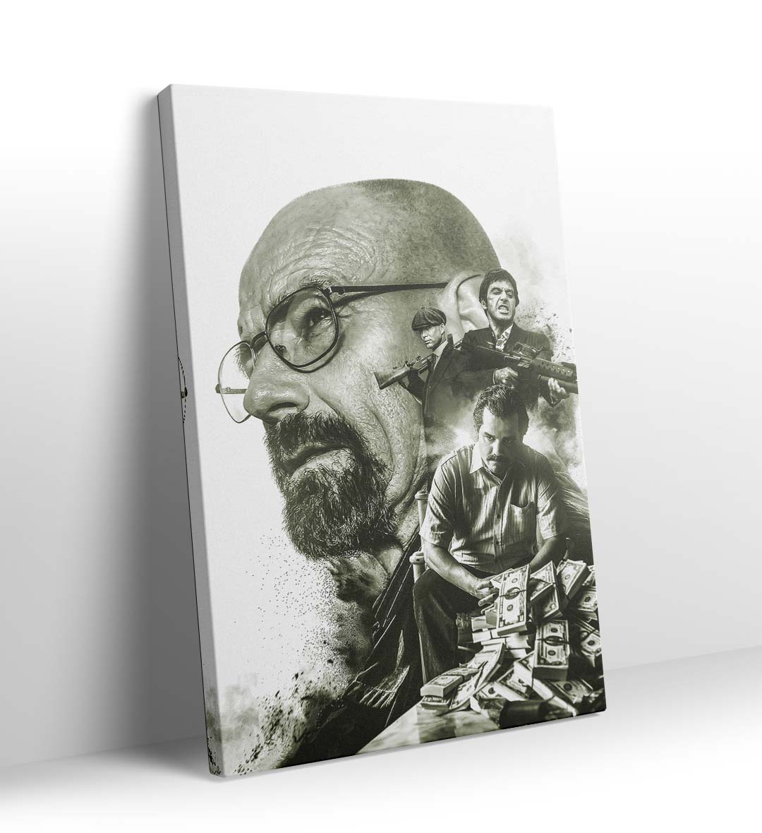 Crime Kings canvas wall art with Walter White and Tony Montana, perfect for modern Indian home decor.