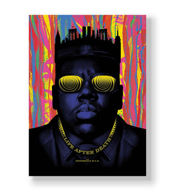 Notorious B.I.G. parody canvas wall art with psychedelic NYC skyline, perfect for modern Indian home decor.