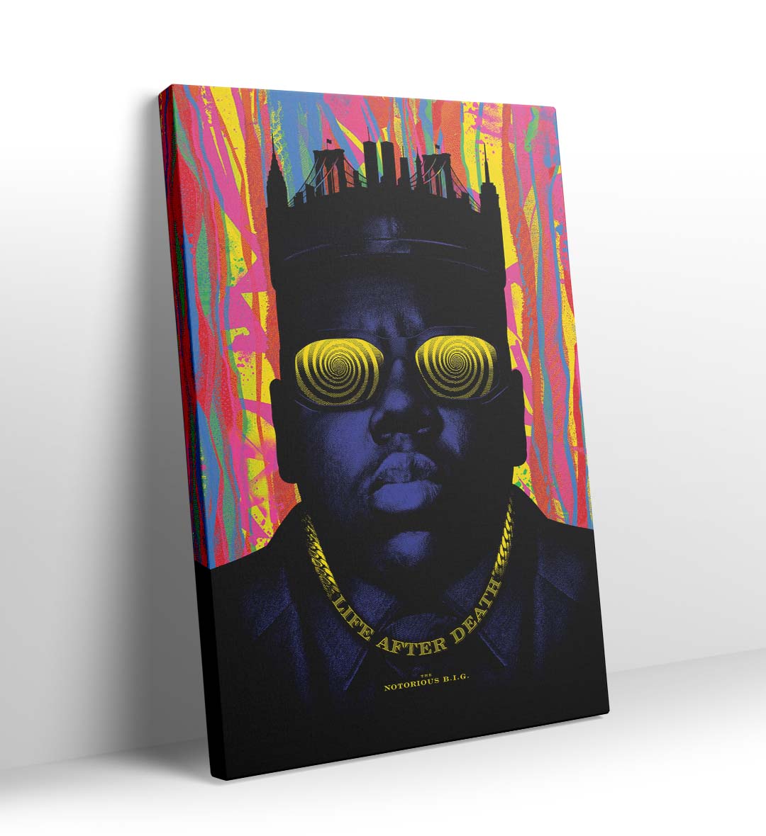 Notorious B.I.G. parody canvas wall art with psychedelic NYC skyline, perfect for modern Indian home decor.
