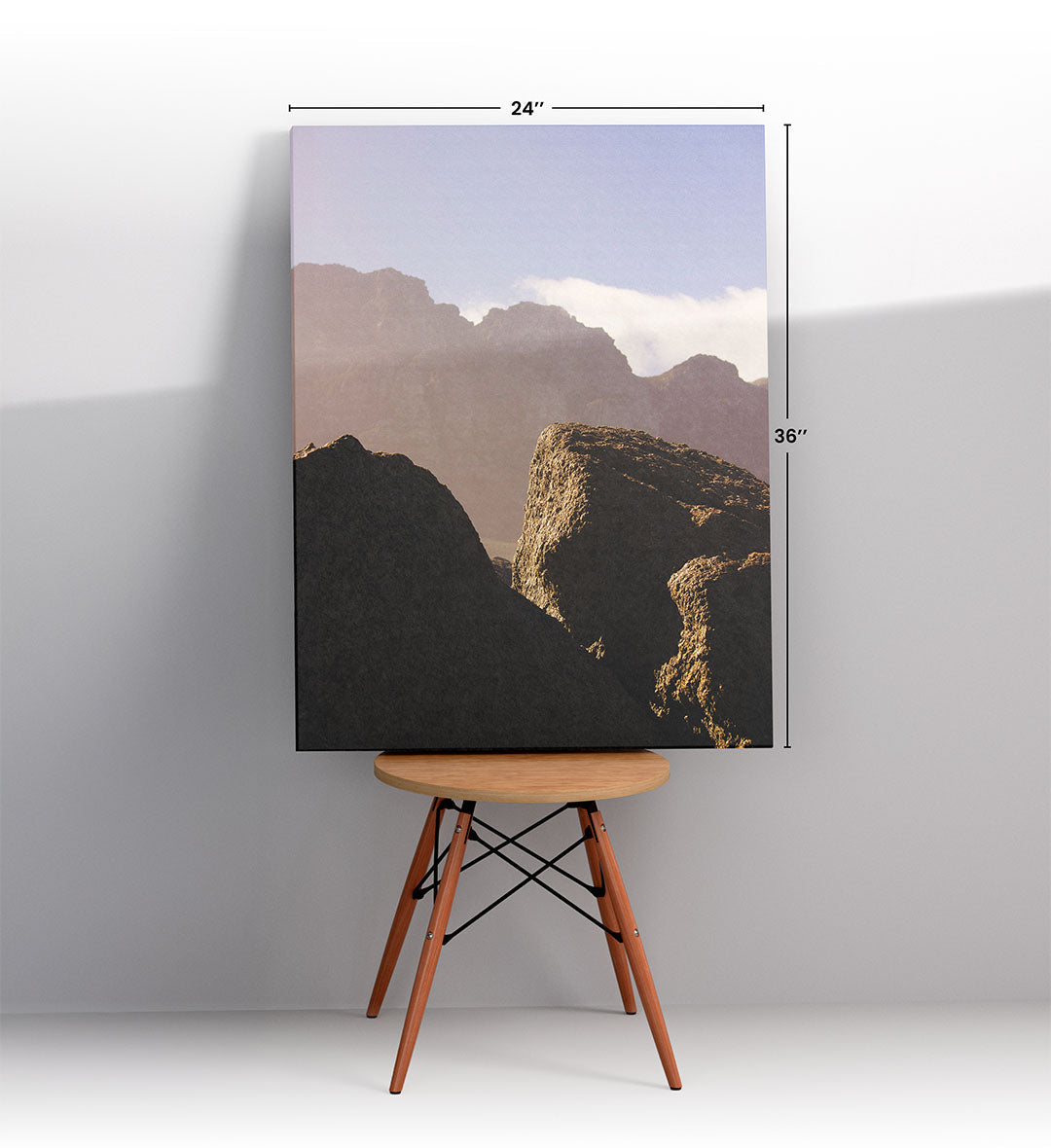 Mountain serenity canvas wall art with rocks and peaks, perfect for modern Indian home decor.