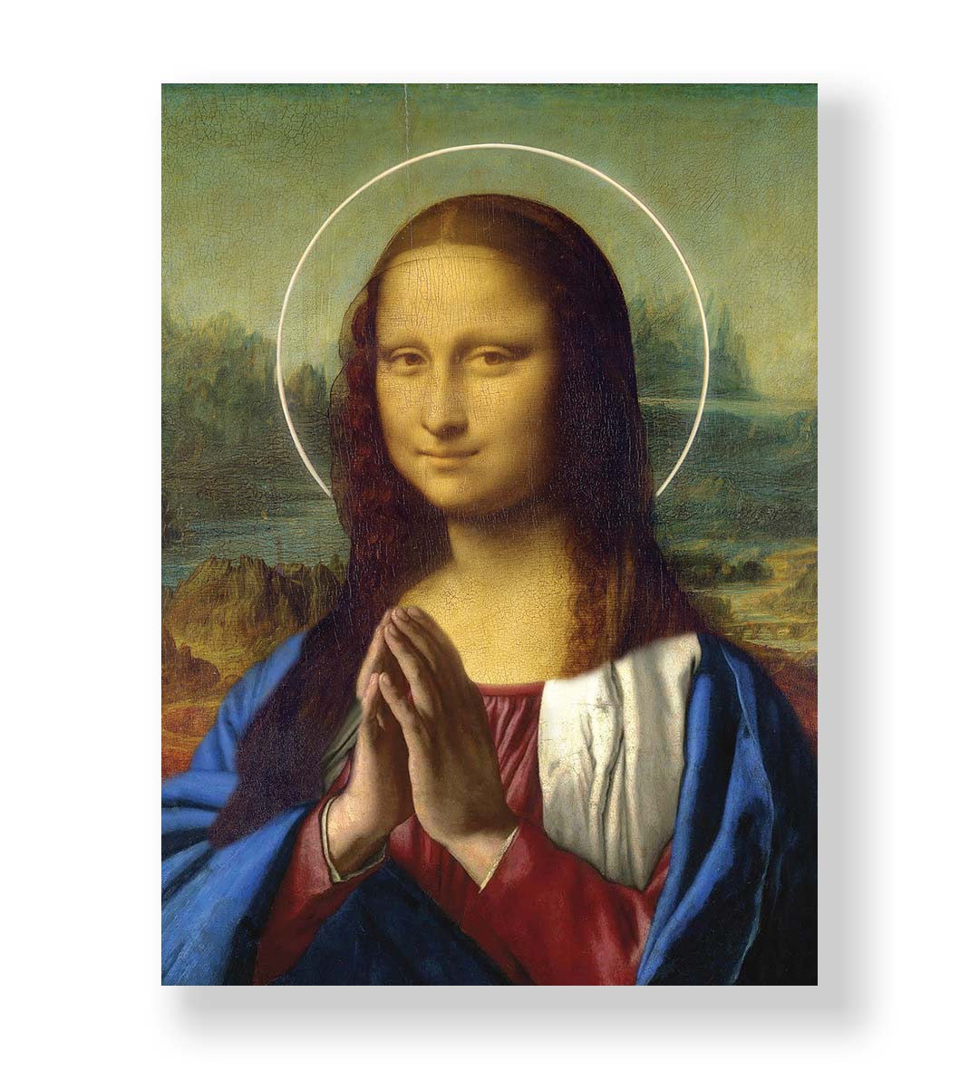 Divine Mona Lisa with halo and prayer pose wall art for Indian home decor.