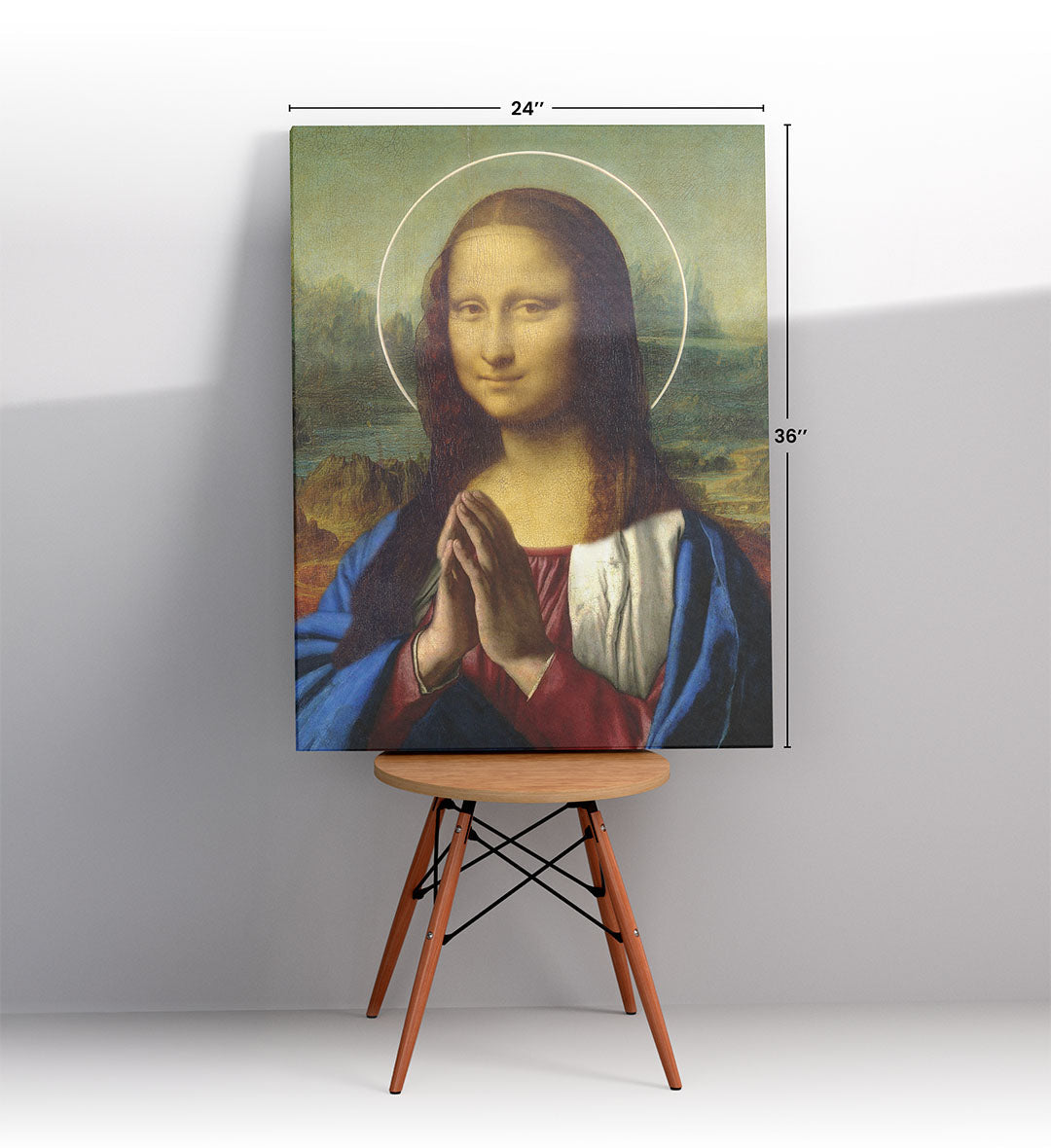 Divine Mona Lisa with halo and prayer pose wall art for Indian home decor.