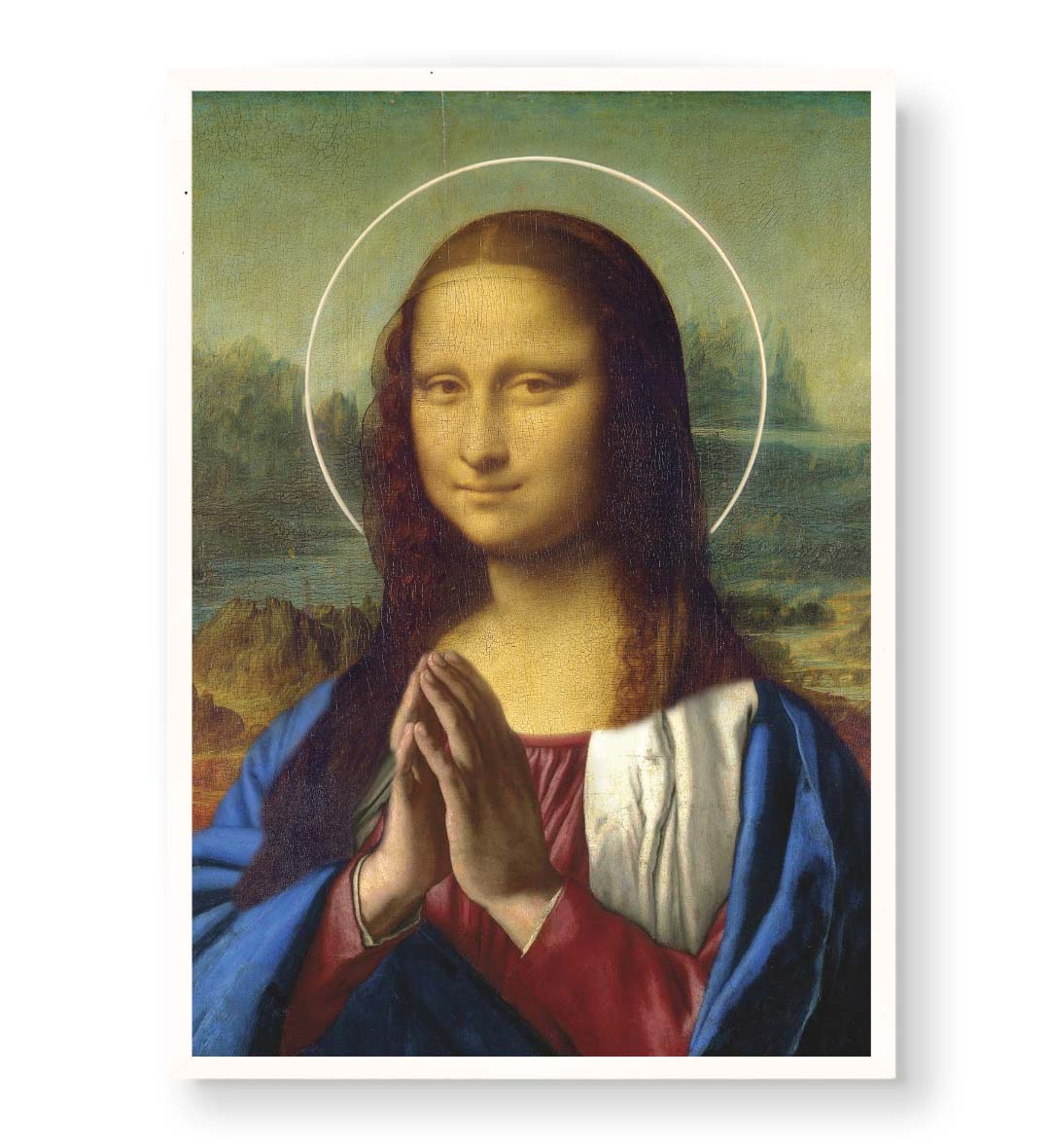 Divine Mona Lisa with halo and prayer pose wall art for Indian home decor.